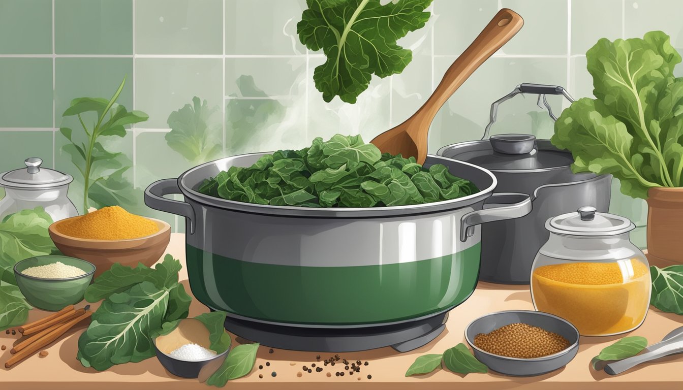 Fresh collard greens being chopped and added to a bubbling pot of soup, surrounded by various spices and cooking utensils