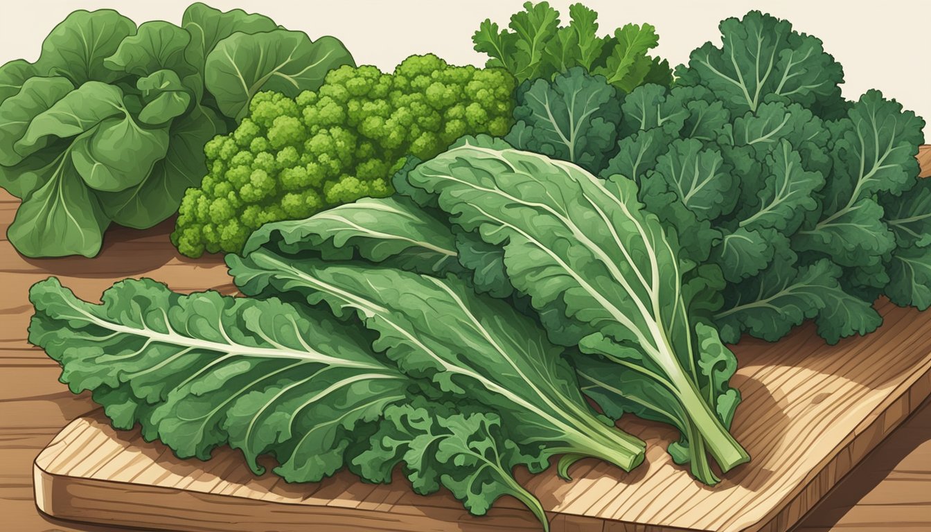 A bunch of collard greens placed next to various types of kale on a wooden cutting board