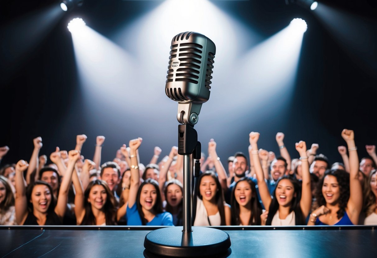 A microphone stands on a stage, surrounded by a crowd of cheering fans, with spotlights shining down from above