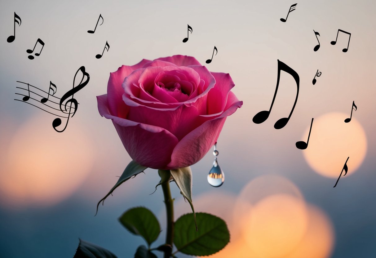 A single tear falls from a blooming rose as music notes float in the air