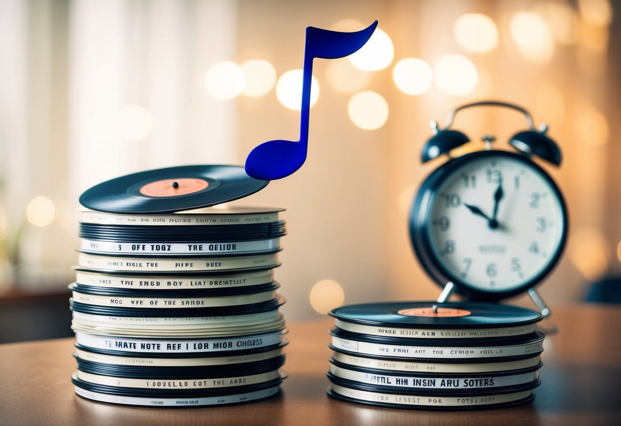 A music note soaring above a stack of record charts, each with a different song title, while a clock in the background ticks away