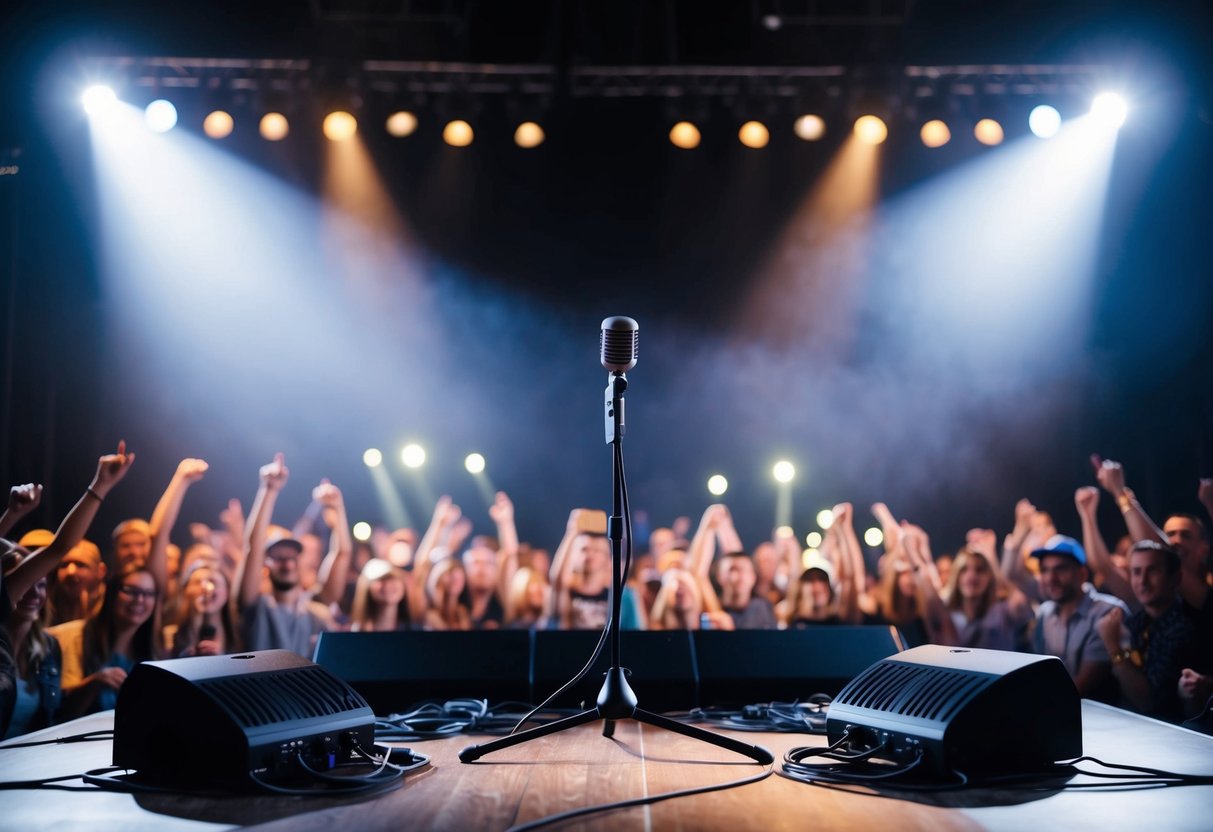 A stage with spotlights shining on a microphone stand, surrounded by musical instruments and a crowd of cheering fans