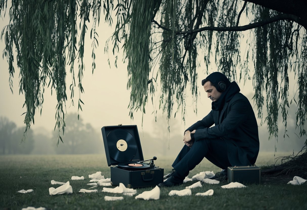 A lone figure sits under a weeping willow, surrounded by scattered tissues and a vintage record player. The melancholic melody fills the air, evoking a sense of deep emotional release