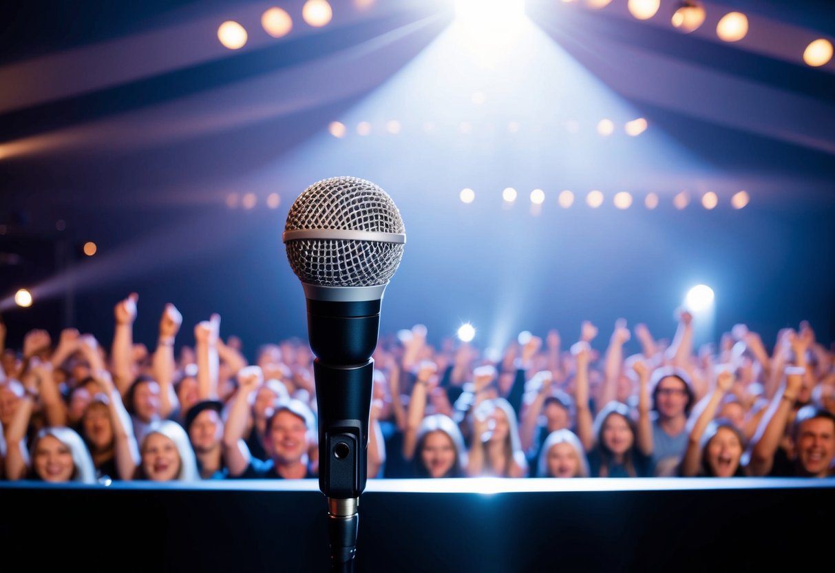 A microphone on a stage with a spotlight shining down, surrounded by a sea of cheering fans