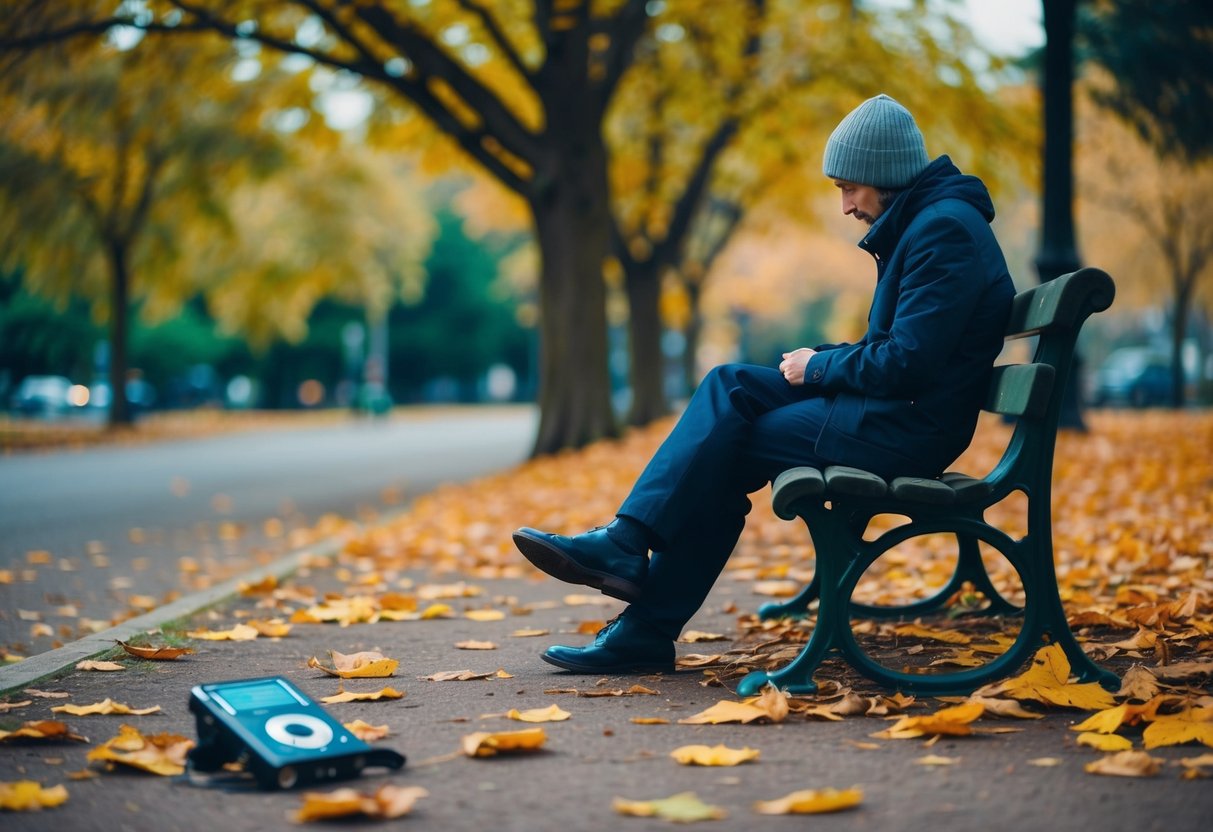A lone figure sits on a park bench, surrounded by fallen leaves. A portable music player lies on the ground, playing a melancholic tune