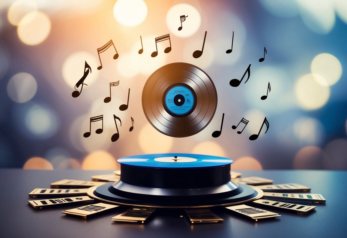 A record-breaking chart-topping hit surrounded by musical notes and accolades