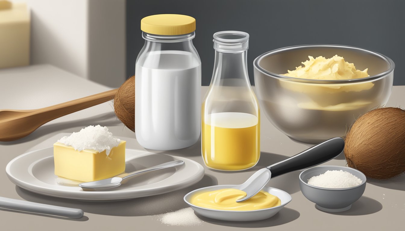 A kitchen counter with a bowl of coconut oil next to a stick of butter, surrounded by measuring spoons and baking ingredients