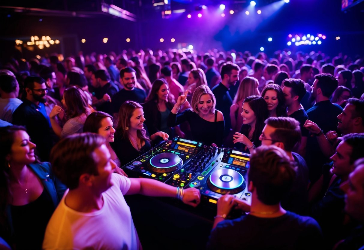 A crowded dance floor with people grooving to a familiar tune, while a DJ spins the most overplayed song ever
