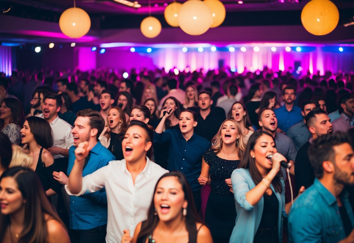 A crowded dance floor with people singing along to a popular song blaring from the speakers