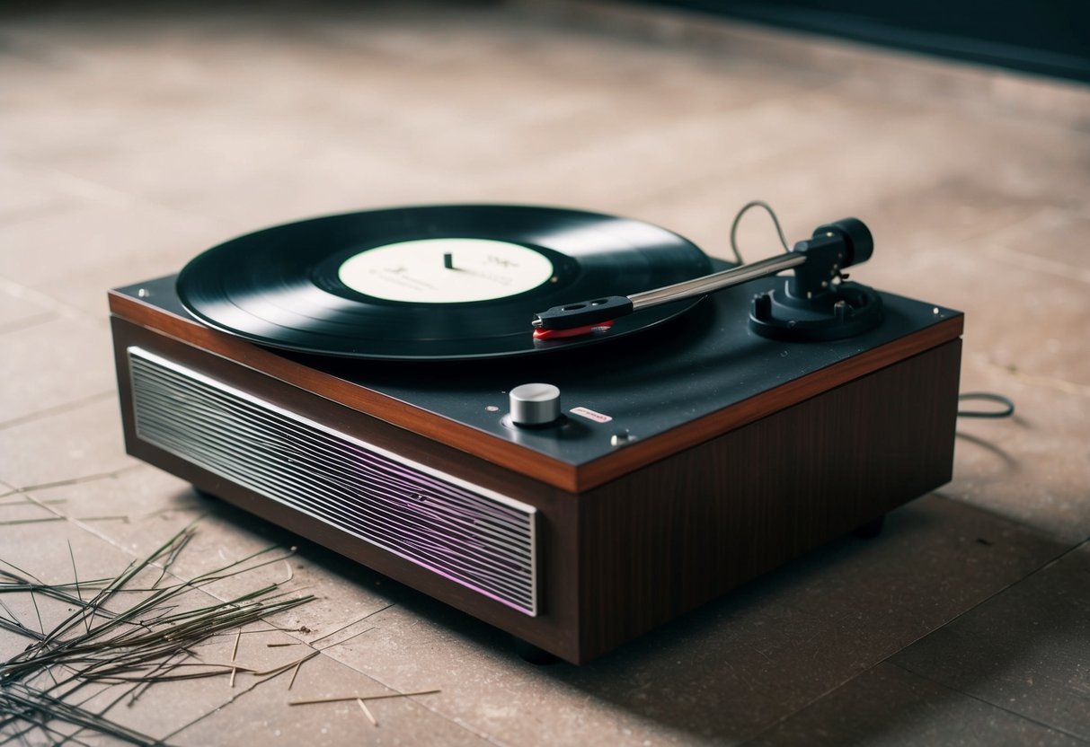 A broken record player with a scratched vinyl, abandoned on the floor