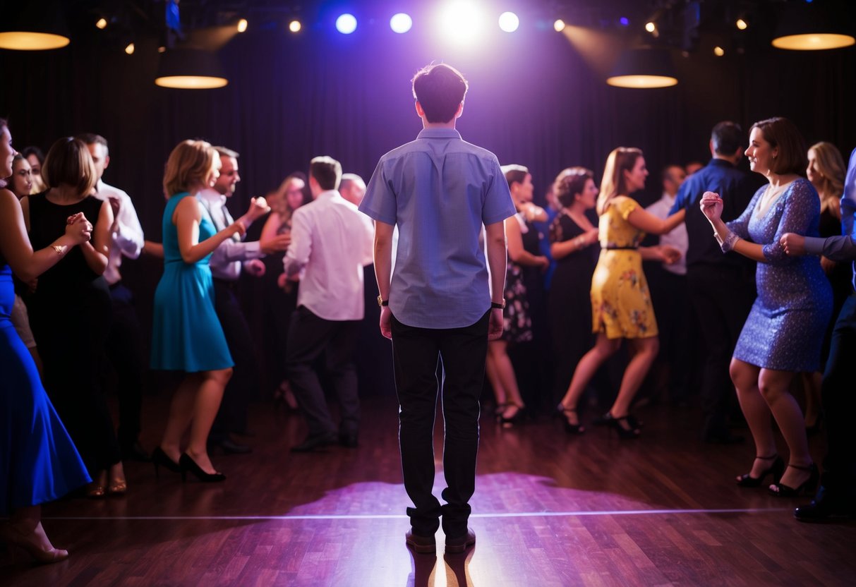 A person standing alone on a dimly lit dance floor, surrounded by a crowd of people dancing, but appearing hesitant to join in