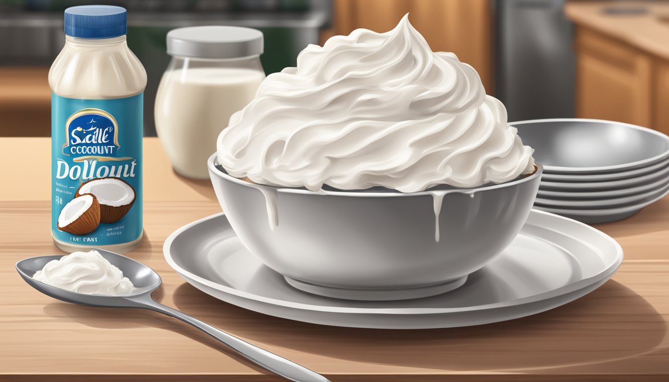 A bowl of whipped coconut cream sits on a kitchen counter next to a carton of dairy cream. A spoonful of coconut cream is being dolloped onto a slice of pie