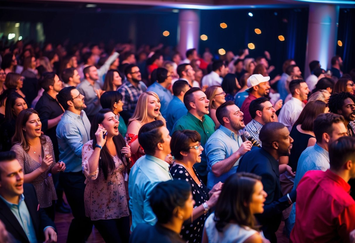 A crowded dance floor with people of all ages and backgrounds, all singing along to a familiar and overplayed song