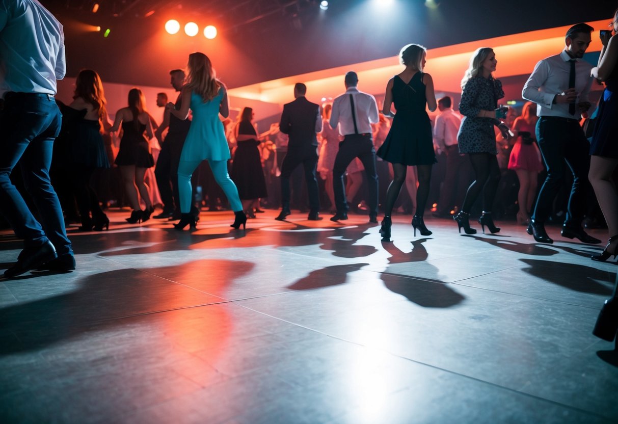 A crowded dance floor with uneven surfaces and low lighting