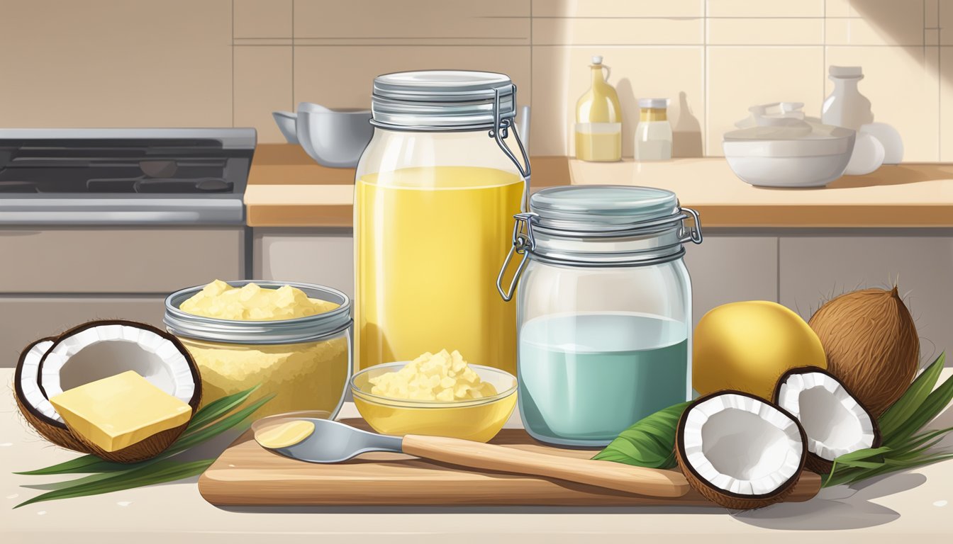 A kitchen counter with ingredients and utensils for vegan baking, including a jar of coconut oil and a stick of butter