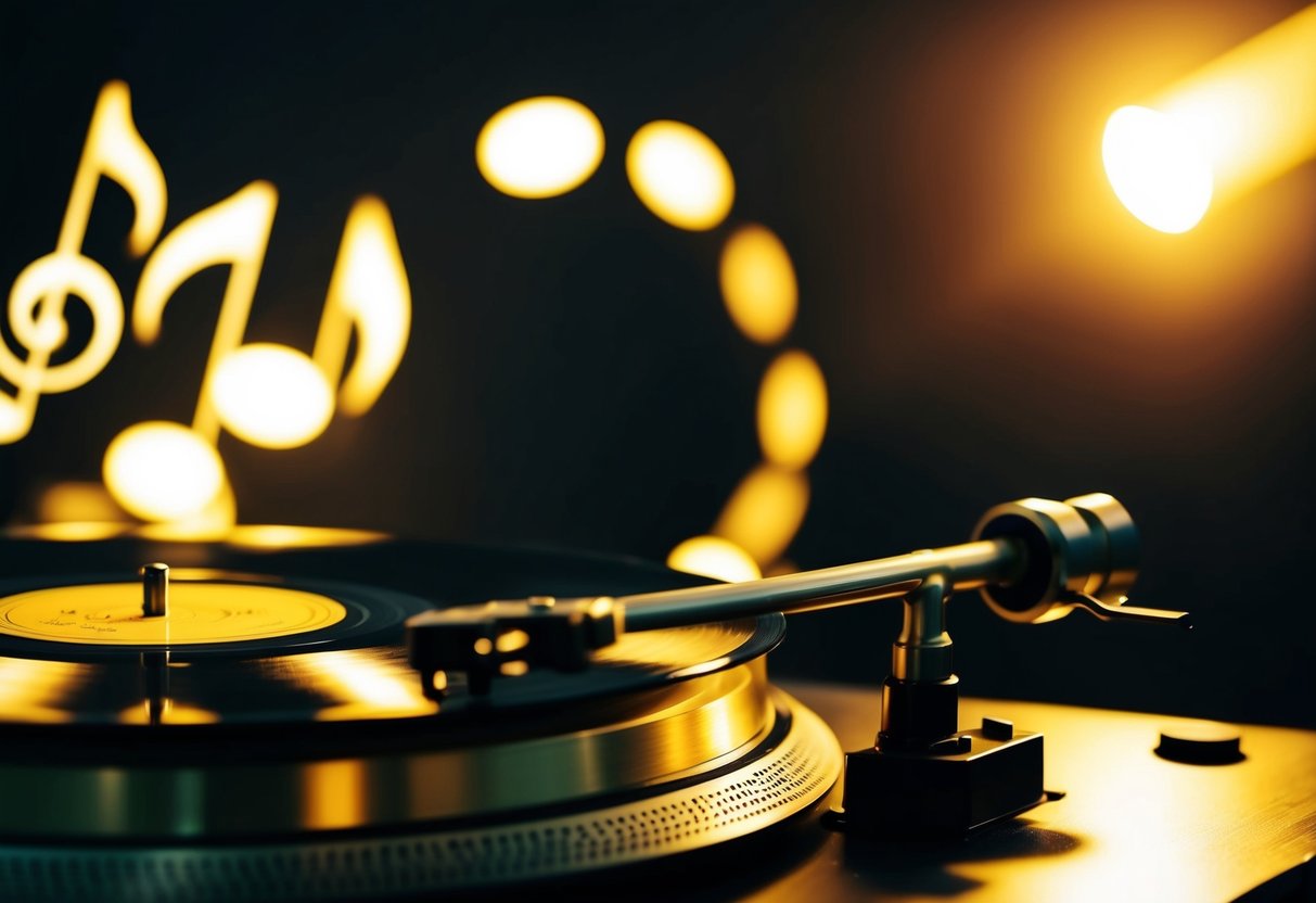 A golden record spinning on a turntable, surrounded by music notes and a glowing spotlight