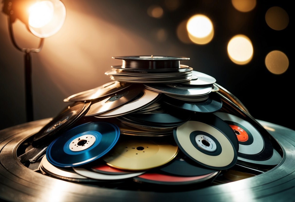A pile of broken records surrounded by a spotlight