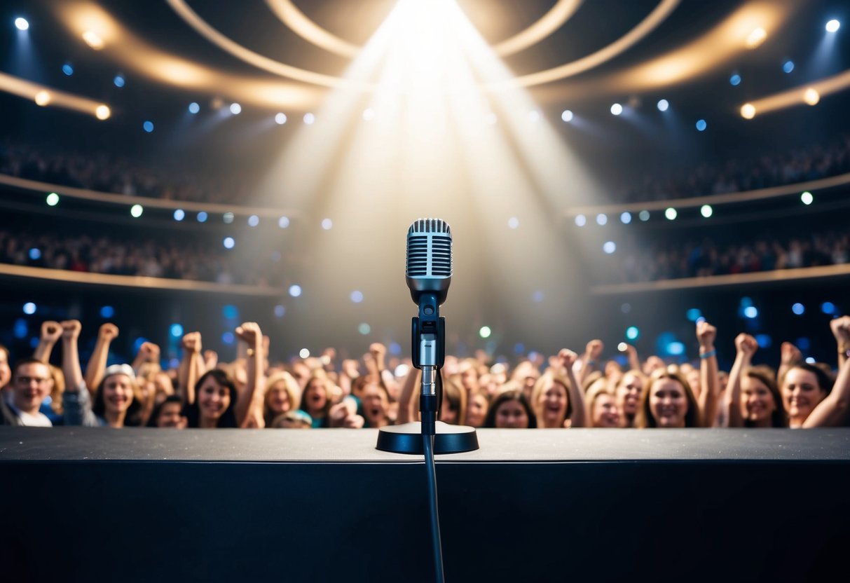 A microphone on a grand stage with a spotlight shining down, surrounded by a crowd of cheering fans