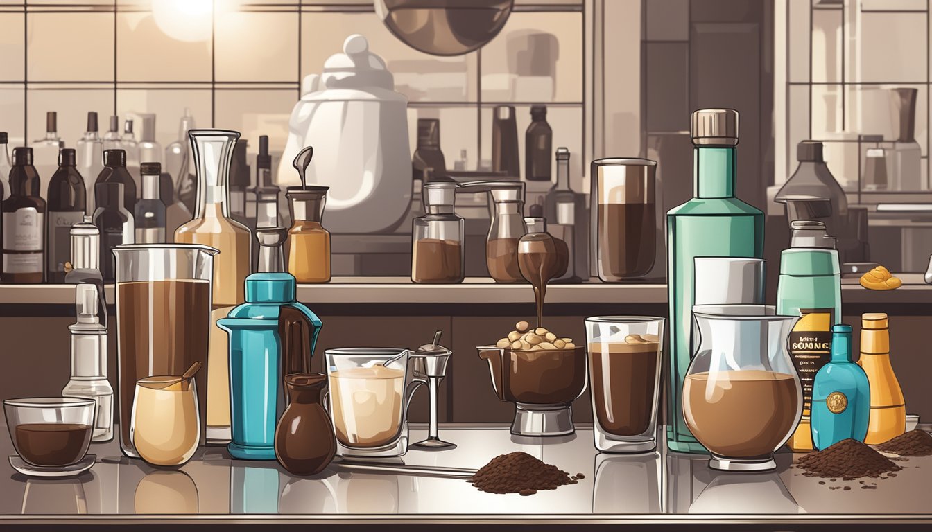 A bottle of crème de cacao being poured into a cocktail shaker surrounded by various chocolate liqueurs and mixing tools on a bar counter