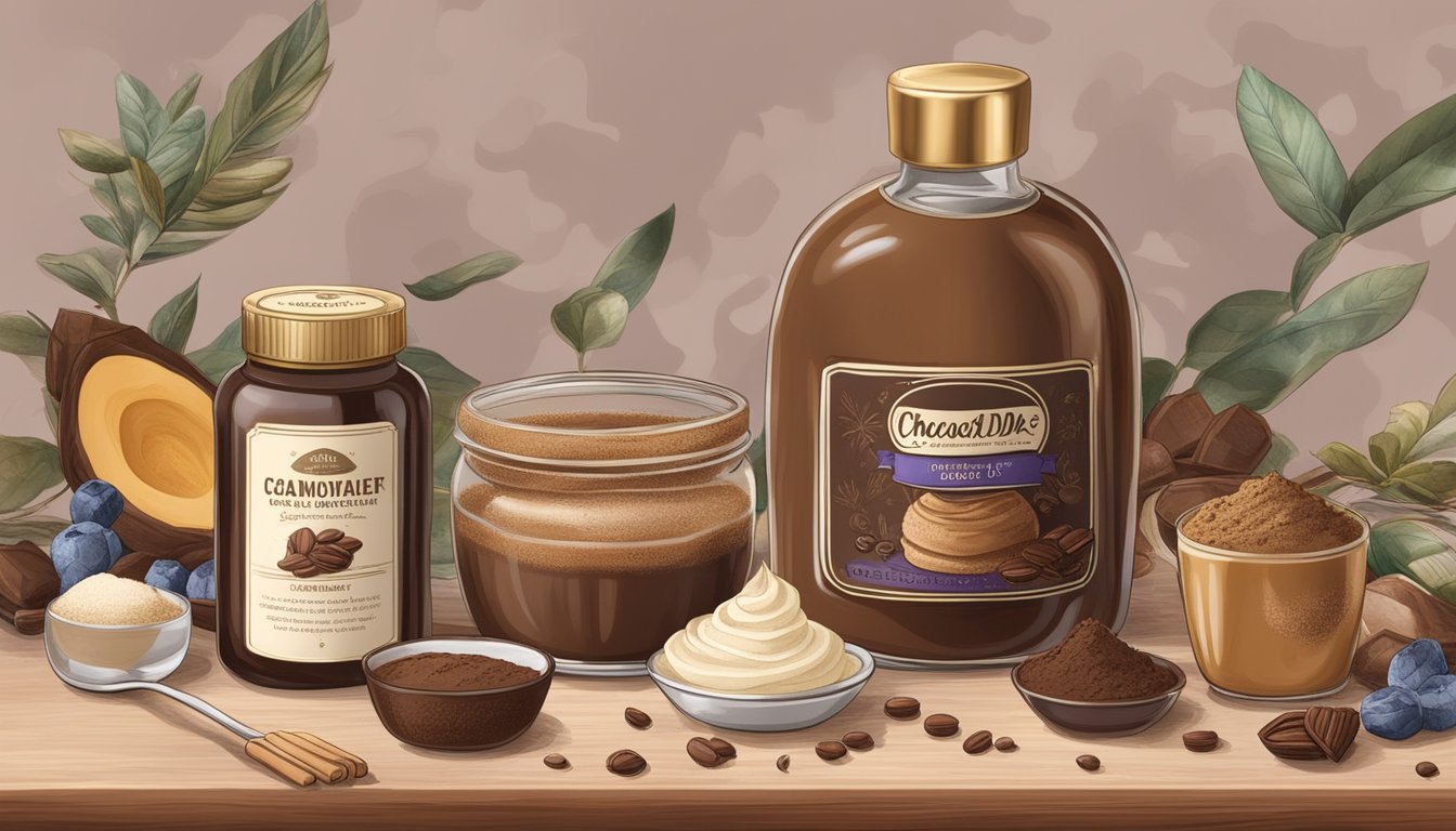 A bottle of crème de cacao sits next to a decadent dessert, surrounded by ingredients like cocoa powder and vanilla extract