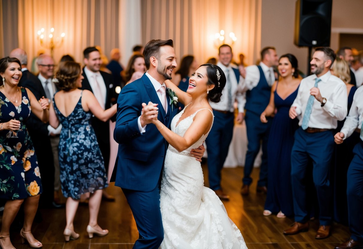 A joyful couple dances at their wedding reception, surrounded by friends and family. A band plays lively music while guests mingle and celebrate