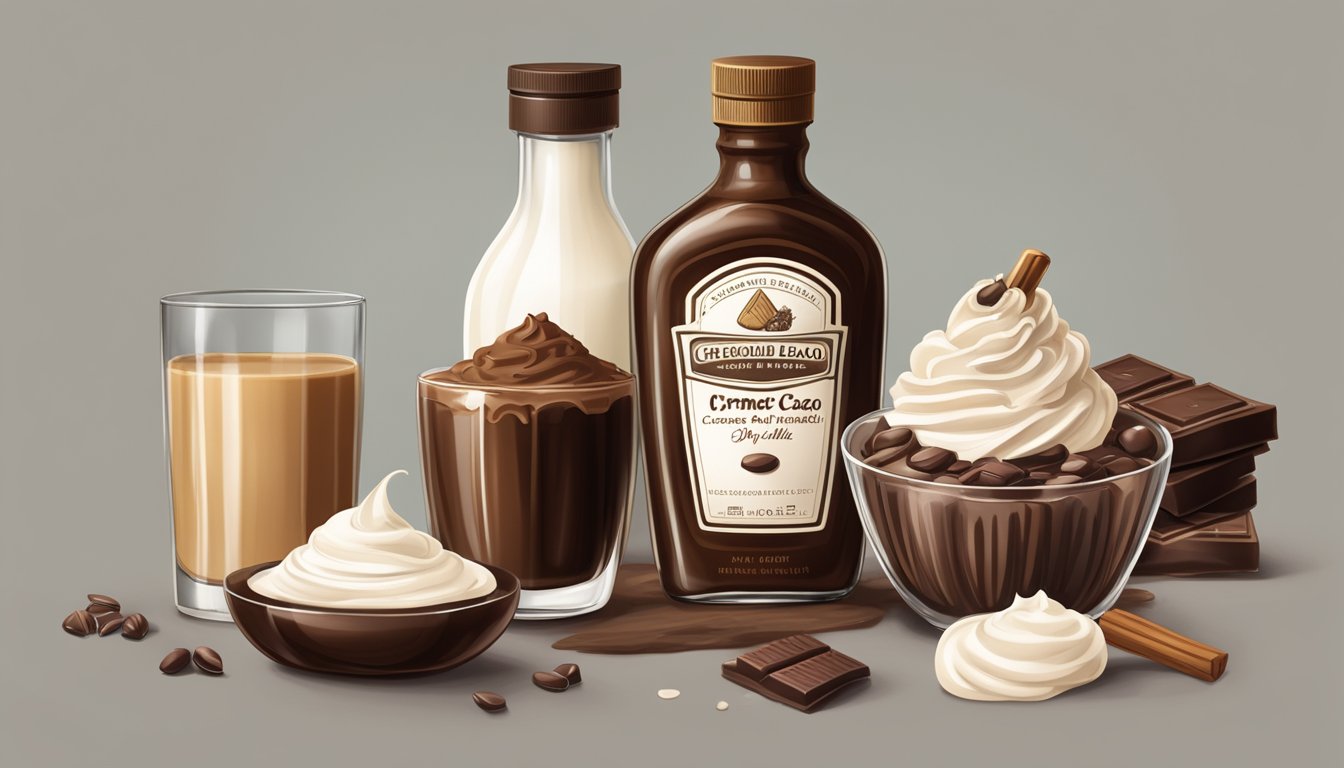 A bottle of crème de cacao sits next to a glass filled with chocolate syrup and milk, surrounded by various ingredients like vanilla extract and sugar