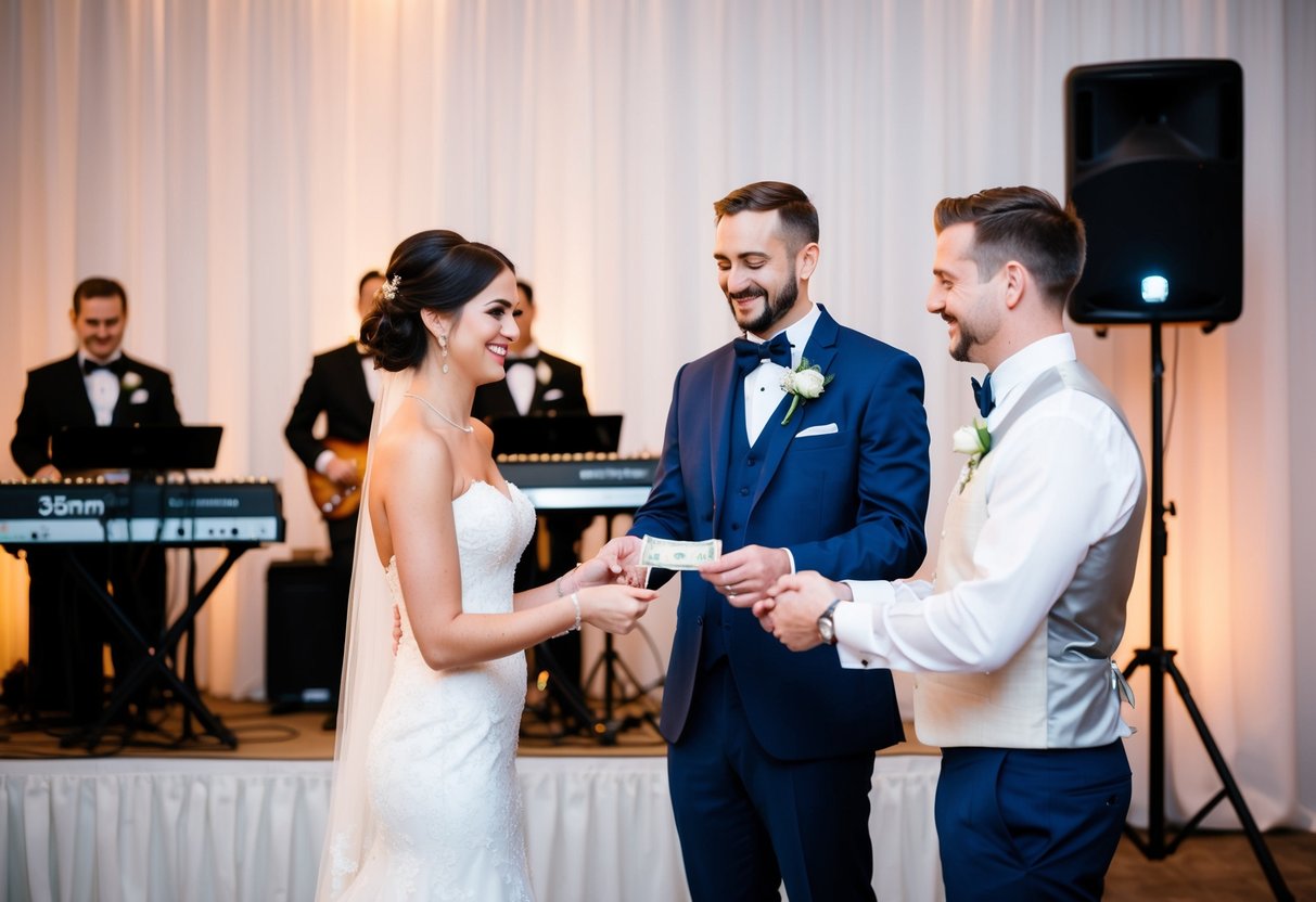 A bride and groom stand at the reception entrance, exchanging money with a musician. The band sets up in the background, ready to play