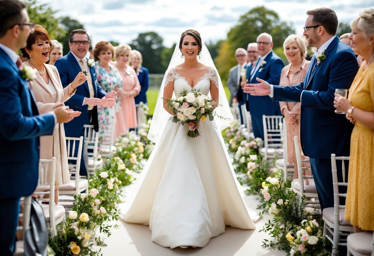 A bride walks down the aisle, surrounded by flowers and excited guests, as the wedding song "Here Comes the Bride" fills the air