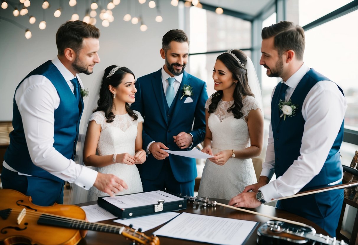 A couple and their families discussing wedding details with a musician, surrounded by instruments and a contract on a table