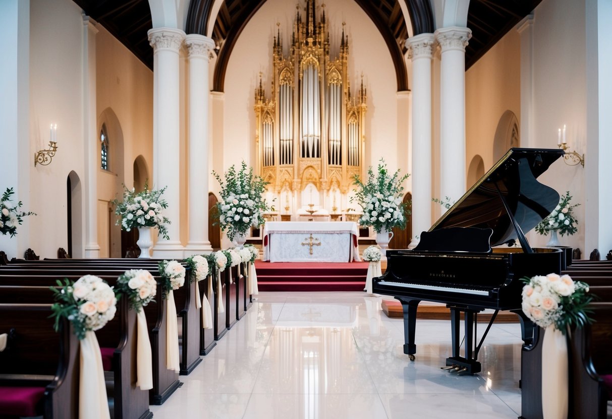 A grand church aisle with floral decorations, leading to a majestic altar adorned with elegant drapery and a gleaming grand piano