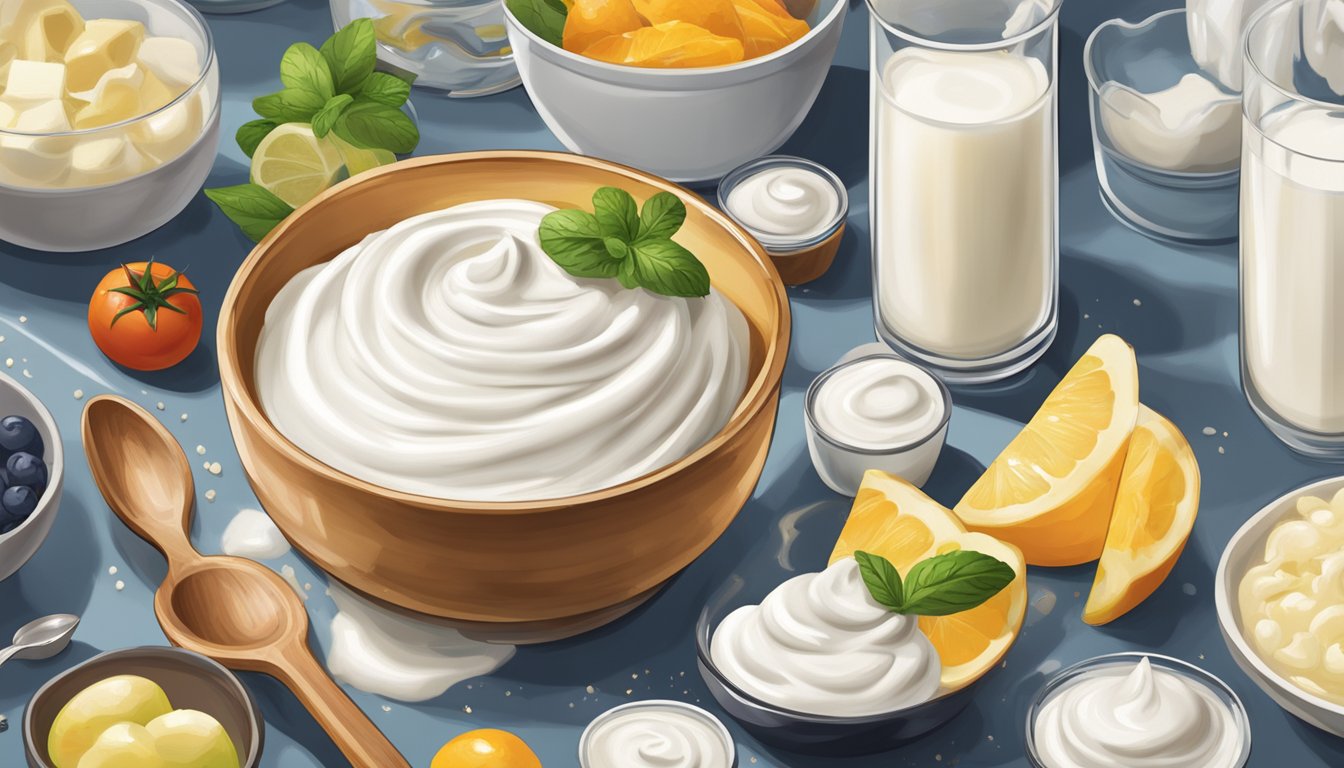 A dollop of creme fraiche being spooned onto a dish next to a container of sour cream, with various recipe ingredients scattered around