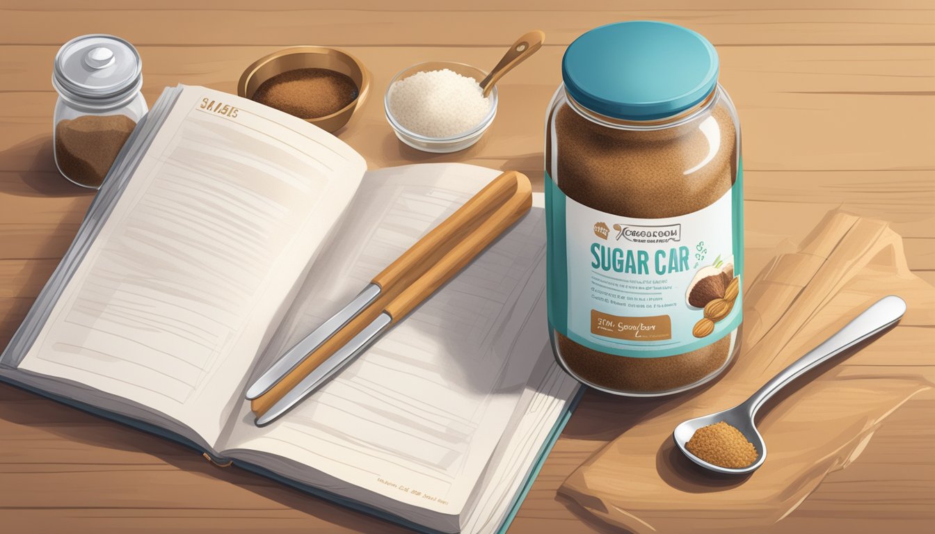 A kitchen counter with a jar of coconut sugar next to a bag of cane sugar, with measuring spoons and a recipe book open to a page about sugar substitutes