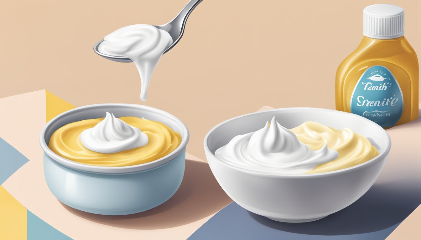 A dollop of creme fraiche being spooned onto a dish next to a container of sour cream