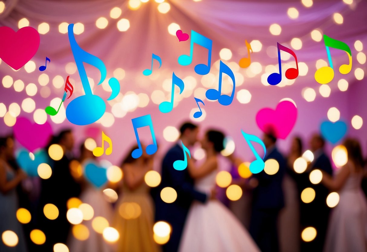 A festive wedding playlist: colorful musical notes floating in the air, surrounded by dancing hearts and twinkling lights
