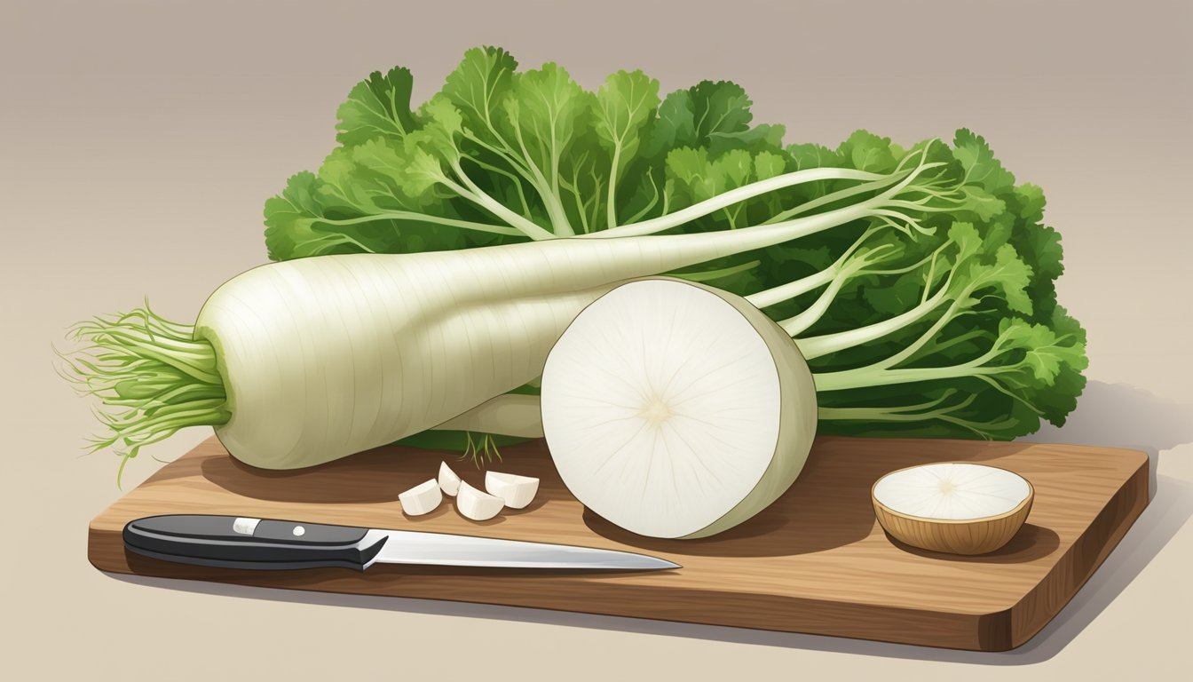 A daikon radish placed next to a regular radish, with a knife and cutting board nearby for substitution illustration