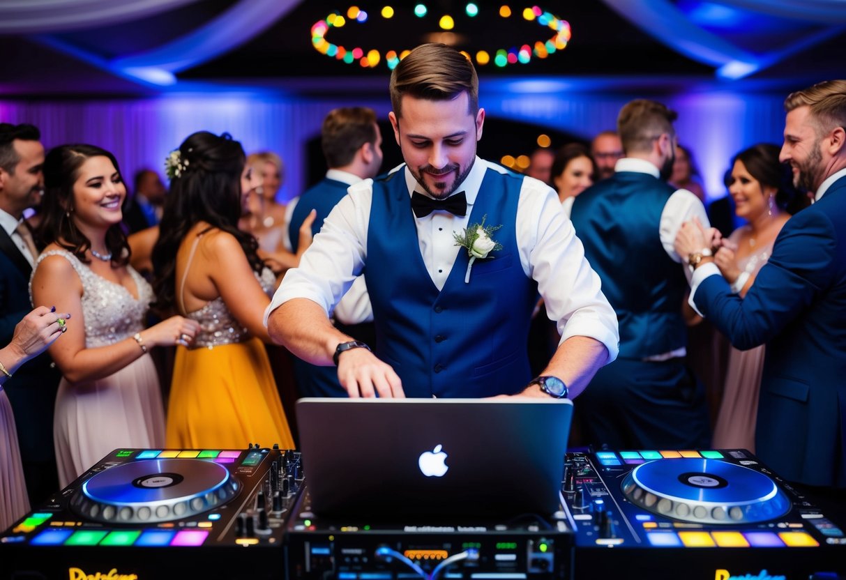 A DJ at a wedding, surrounded by dancing guests, adjusting the playlist on a laptop while colorful lights illuminate the dance floor
