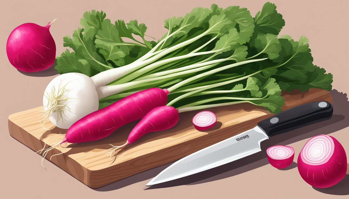 A pile of regular radishes next to a daikon radish, with a chef's knife and cutting board