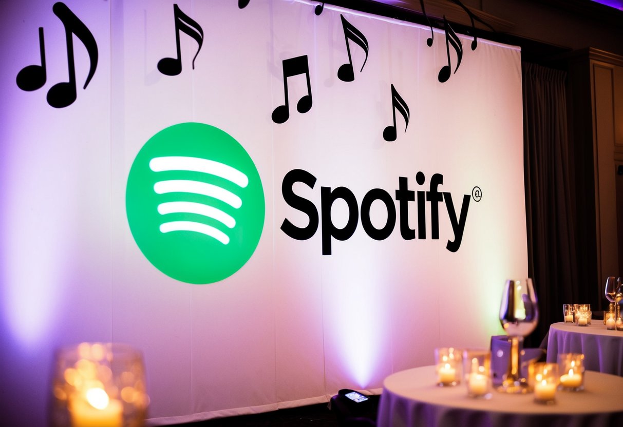 A Spotify logo projected onto a backdrop at a wedding reception, with music notes floating in the air
