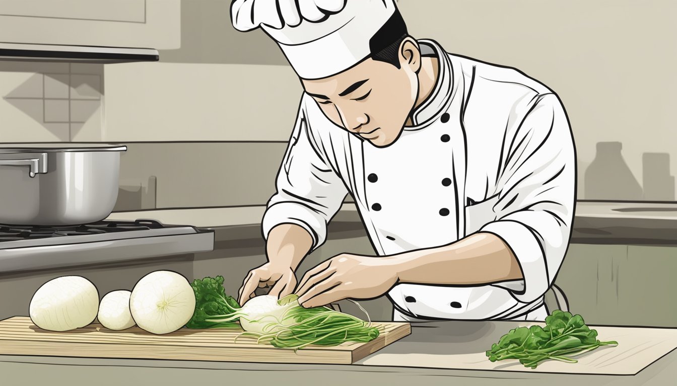 A chef slicing daikon radish to compare with regular radish