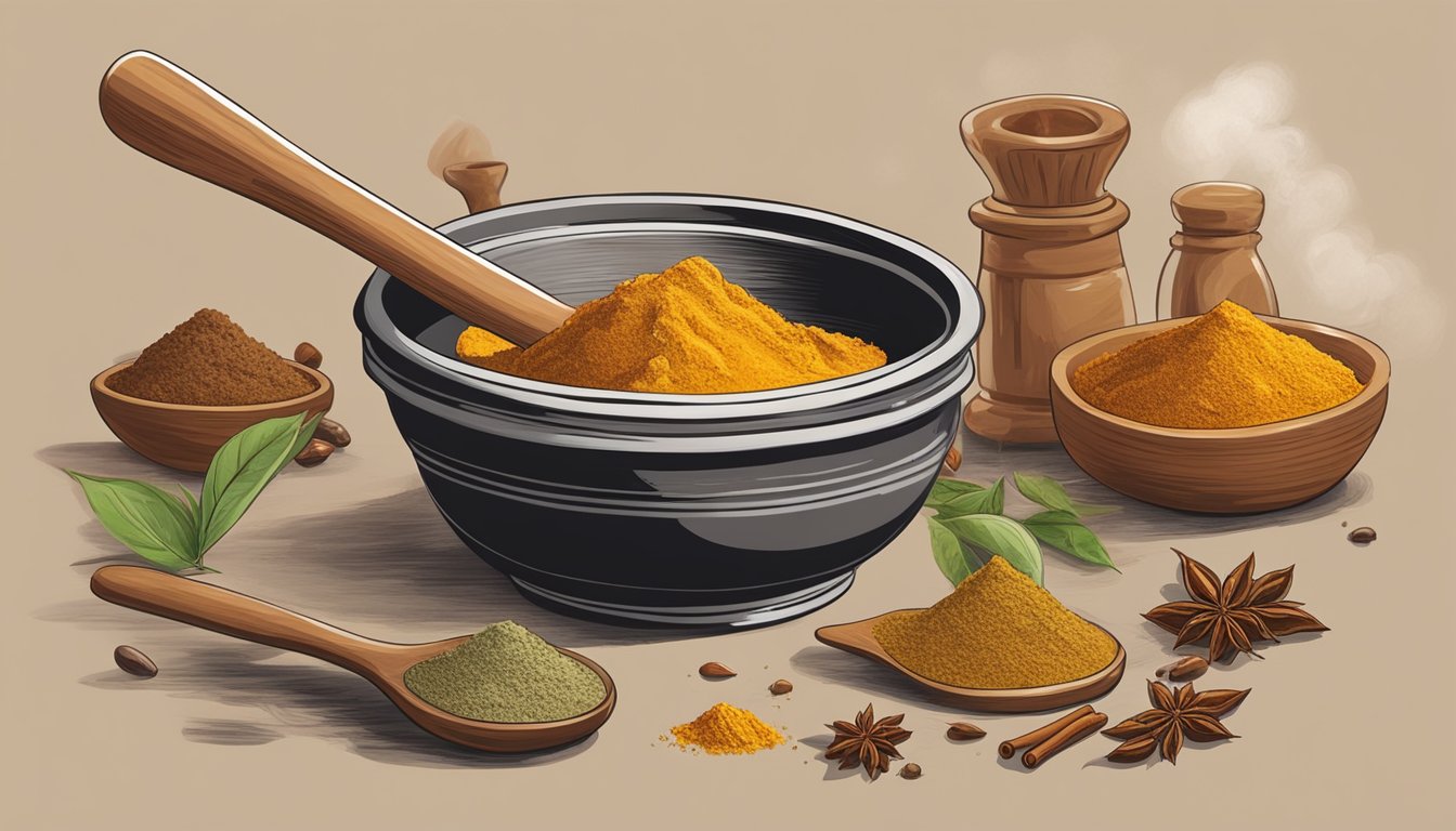 A mortar and pestle crushes whole spices into a fine powder, while a spoon scoops out curry paste from a jar