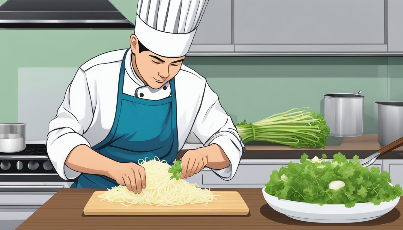 A chef slicing daikon radish as a replacement for regular radish in a salad