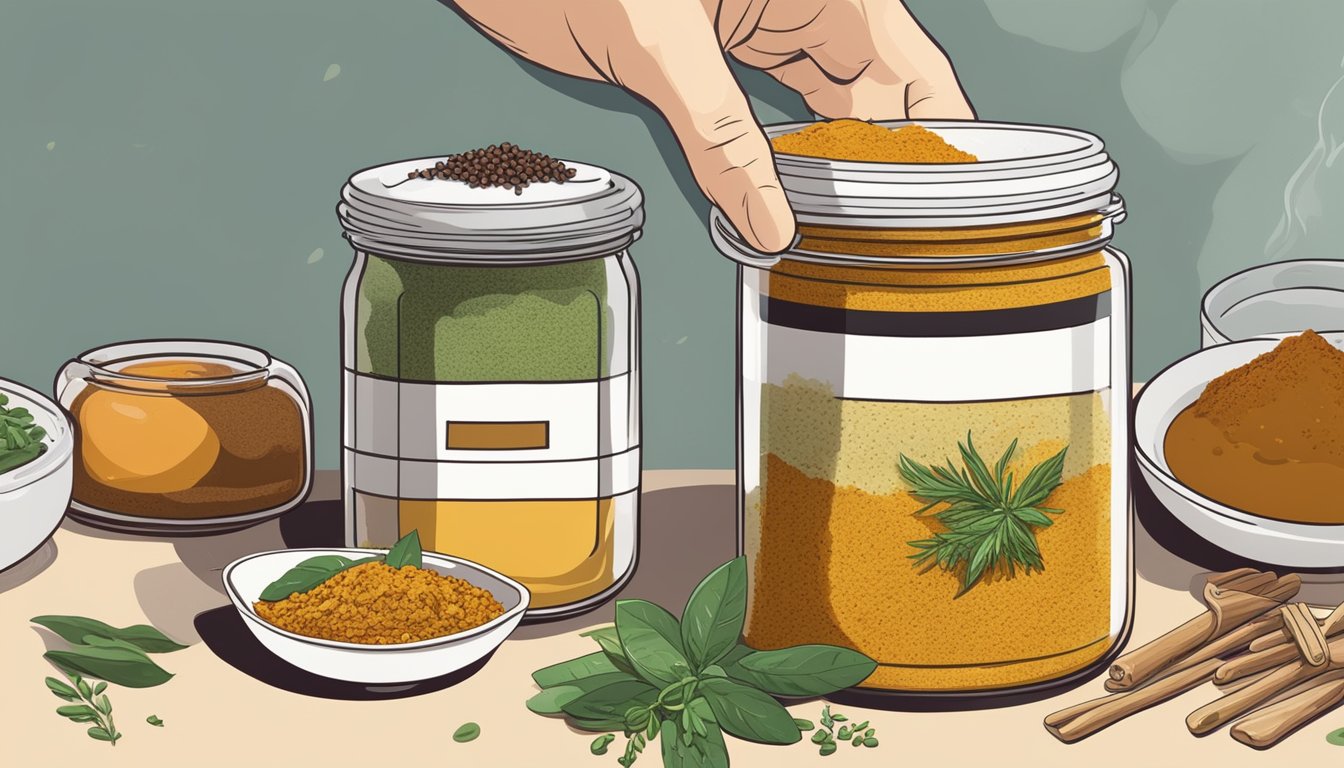 A hand reaching for a jar of curry powder next to a bowl of curry paste, with various fresh herbs and spices scattered around on a kitchen counter