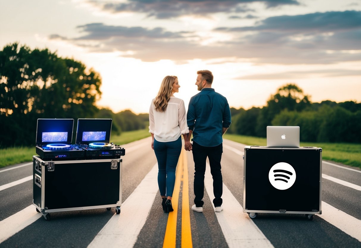 A couple stands at a crossroads, one path leading to a professional DJ with flashy equipment, the other to a DIY setup with a laptop and Spotify