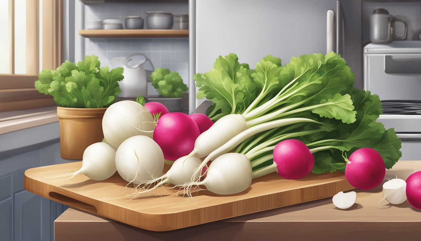 A kitchen scene with daikon radishes and regular radishes on a cutting board, along with various storage containers and a refrigerator in the background