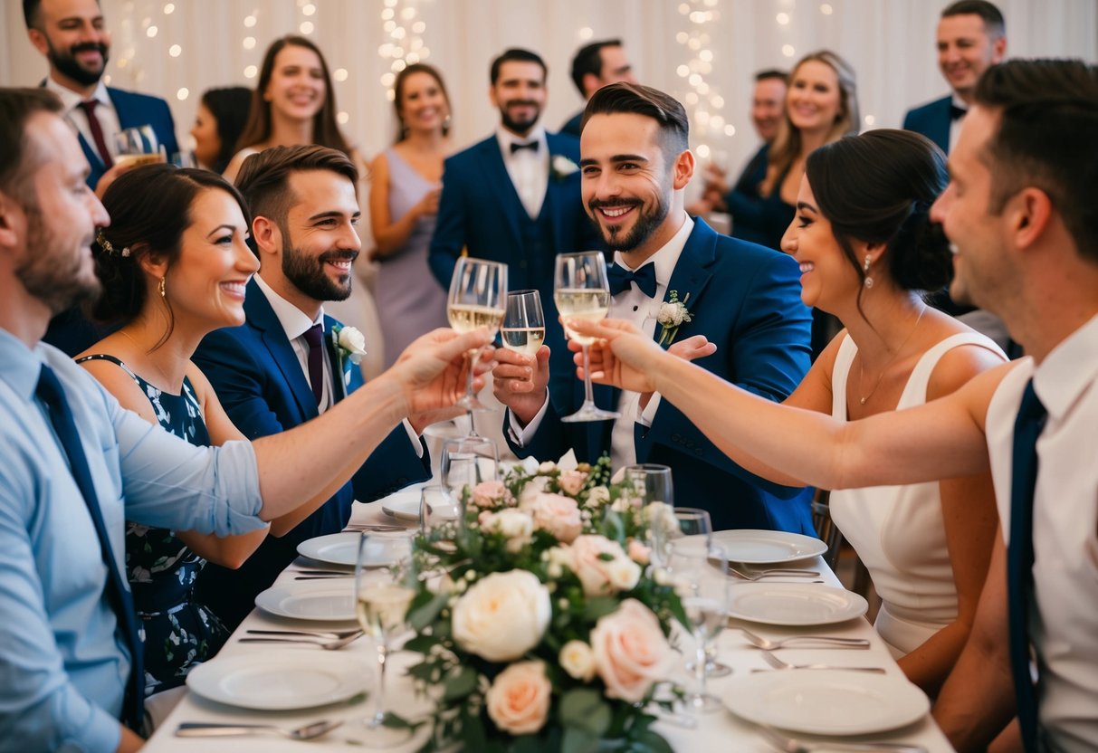 A couple at a table, surrounded by friends and family, clinking glasses and smiling as music fills the air