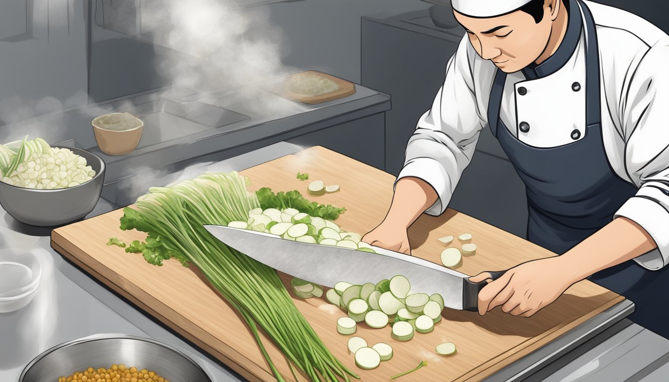 A chef slicing daikon radish into thin rounds to substitute for regular radish in a dish