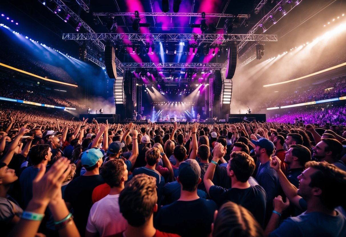 A crowded concert venue with a stage and a massive crowd cheering and dancing to the music