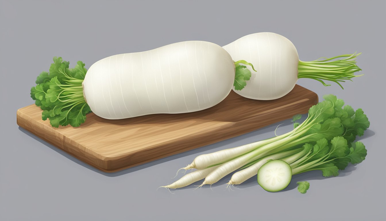 A daikon radish and regular radish sit side by side on a cutting board, ready to be sliced and used in a variety of dishes