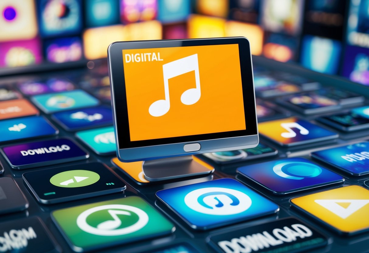 A digital music store with a chart-topping song highlighted, surrounded by various music genres and download options