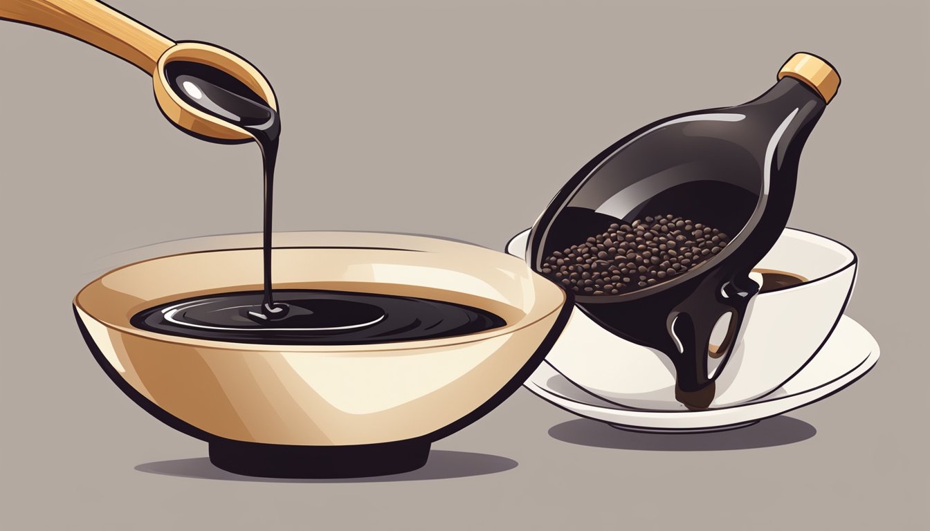 A bottle of dark soy sauce pouring into a bowl, with a measuring spoon nearby